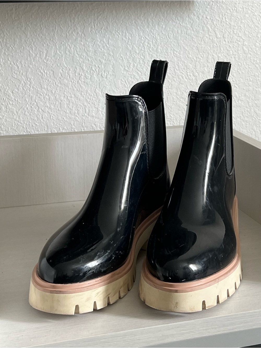 Dolce Vita Black Patent Chelsea Platform Rubber Booties with Chunky Tan Sole